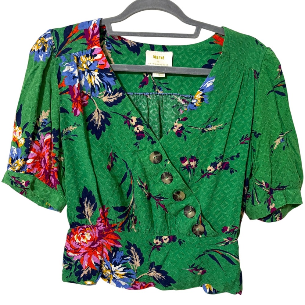 Maeve Anthropologie Womens 8 Madelyn Cropped Blouse Green Floral Cottagecore